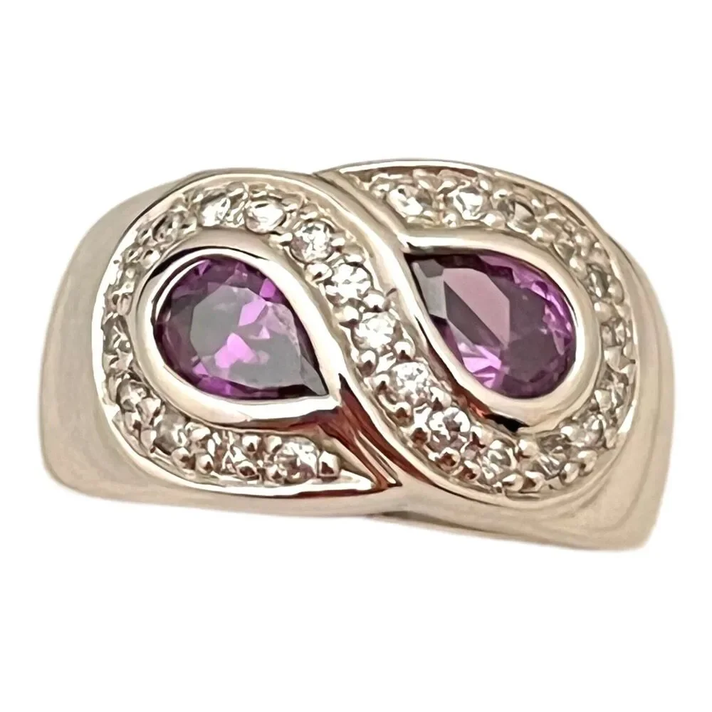 Vintage 1980s Uncas Purple CZ Ring Sterling Silver 925 Two Stone Size 6.5 - 5J